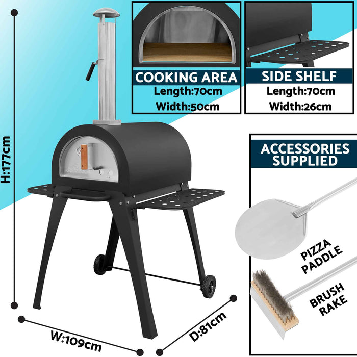 Large Outdoor Wood-Fired Pizza Oven & Smoker With Side Shelves & Stand - DG103