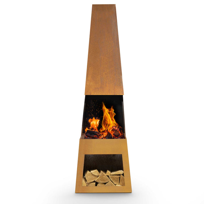 Through Access Pyramid Chiminea, Fireplace, Heater With Firewood Storage, W45 X H150cm - Corten Steel - DG108