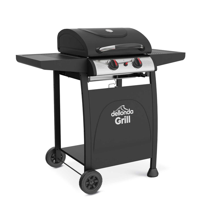 2 Burner Gas BBQ Grill With Piezo Ignition, Built-In Thermometer, Black/Stainless Steel - DG13
