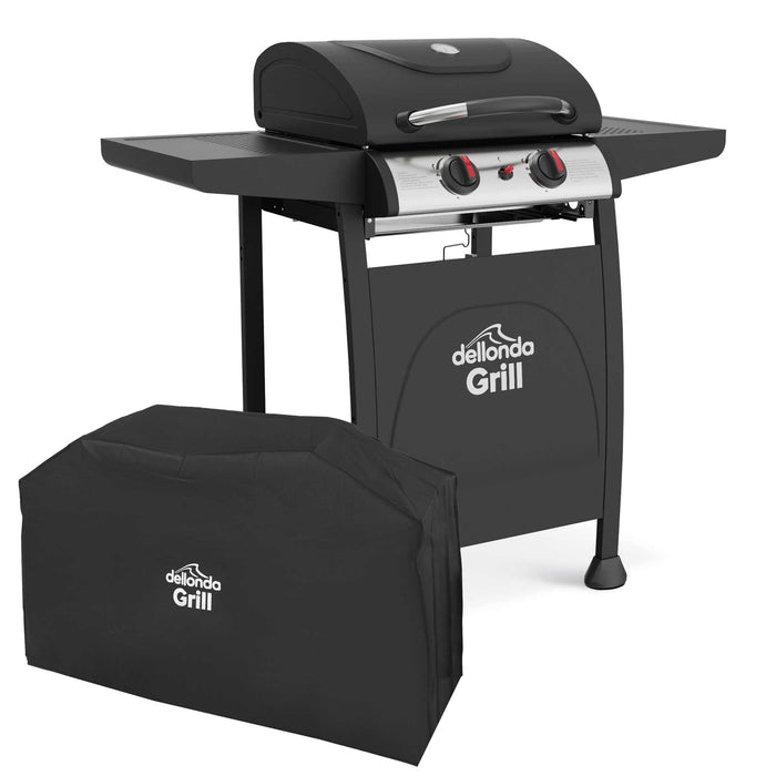2 Burner Gas BBQ Grill With Piezo Ignition, Built-In Thermometer & Cover, Black/Stainless Steel - DG227