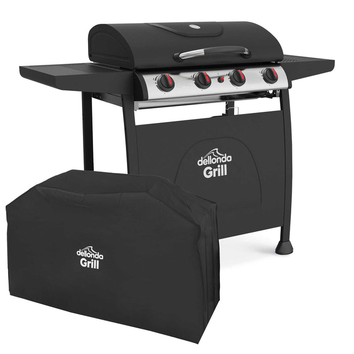 4 Burner Gas BBQ Grill Piezo Ignition, Built-In Thermometer And Cover, Black/Stainless Steel - DG229