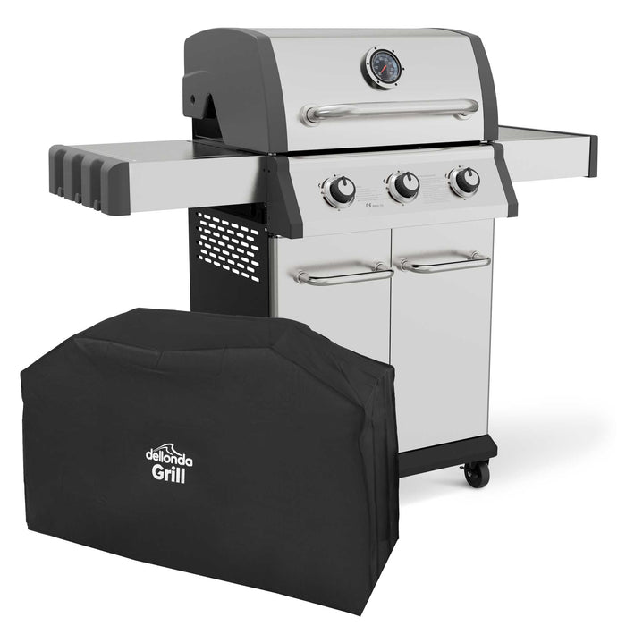 3 Burner Deluxe Gas BBQ Grill With Piezo Ignition, Water Resistant Cover, Stainless Steel - DG230