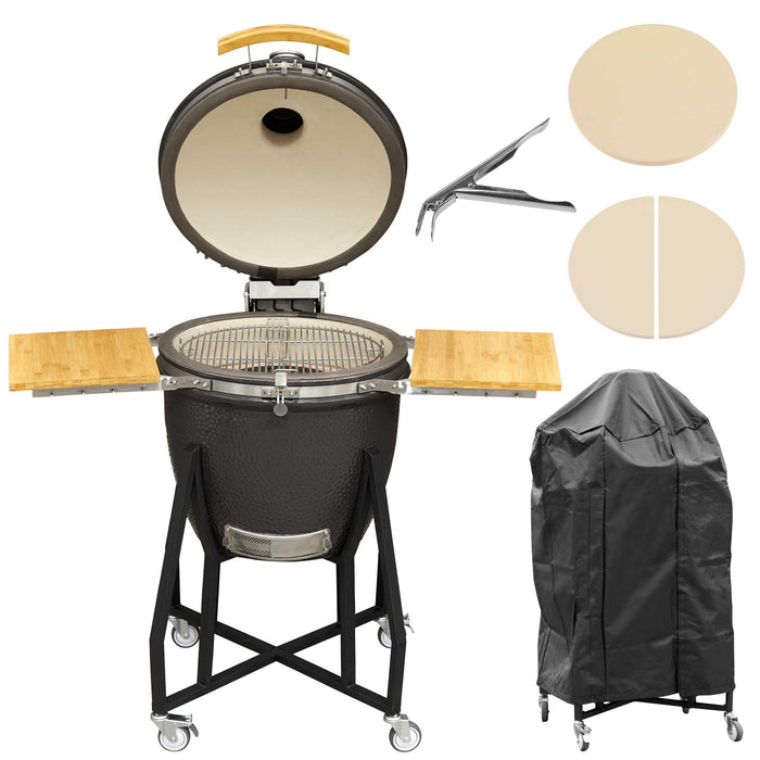 Deluxe Kamado Style BBQ Grill With Stand, Castor Wheels & Accessories, Ceramic 22"(56cm) - DG236
