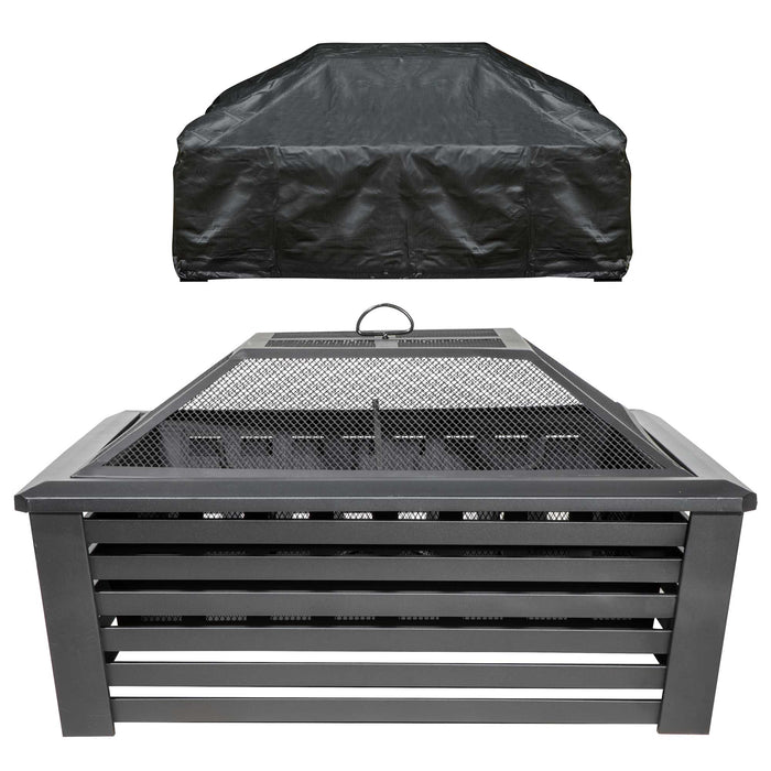 35" Square Outdoor Fire Pit, Mesh Screen Lid, Black With Water Resistant Drawstring Cover - DG238