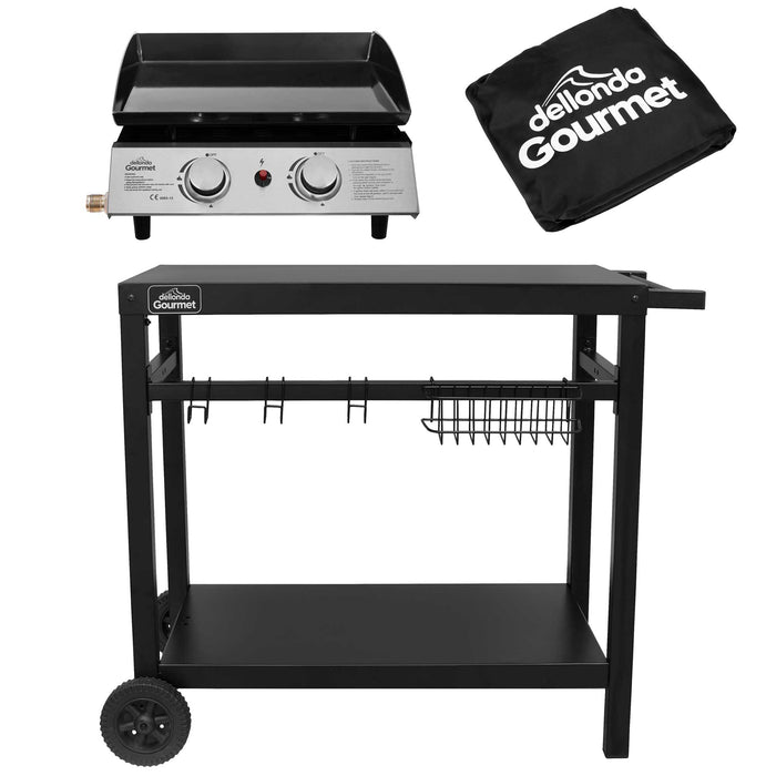 2 Burner Portable Gas Plancha 5kW BBQ Griddle Stainless Steel With Cover & Trolley - DG249