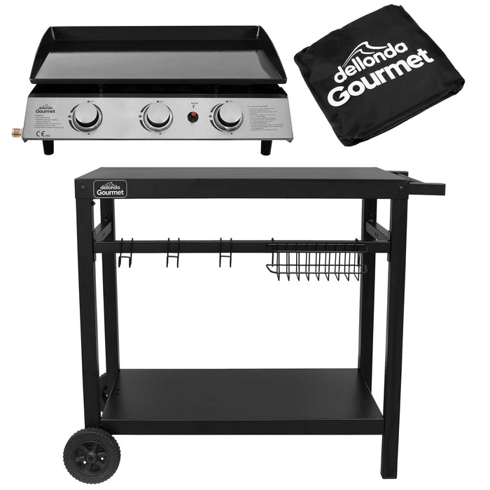 3 Burner Portable Gas Plancha 7.5kW BBQ Griddle Stainless Steel With Cover & Trolley - DG250