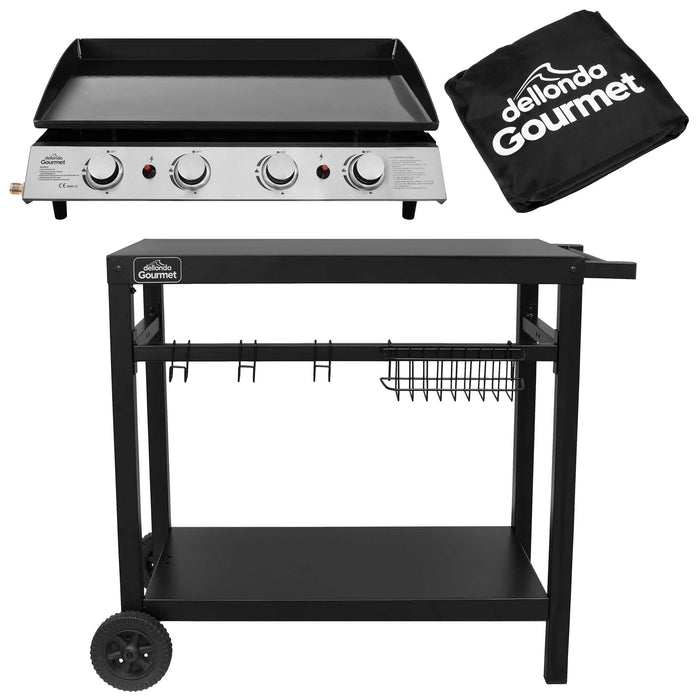 4 Burner Portable Gas Plancha 10kW BBQ Griddle Stainless Steel With Cover & Trolley - DG251
