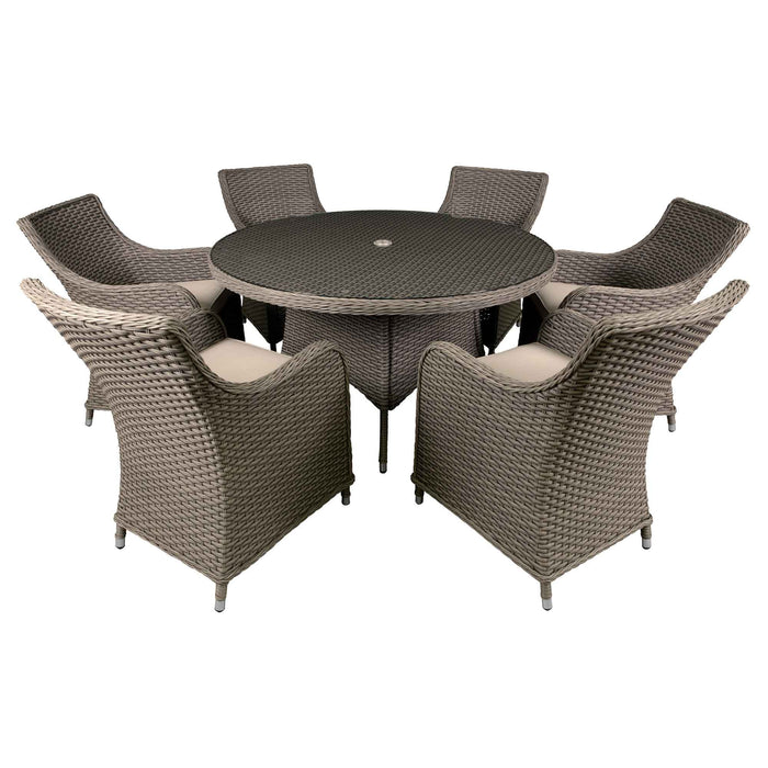 Chester 7 Piece Rattan Wicker Outdoor Dining Set With Tempered Glass Table Top, Brown - DG85