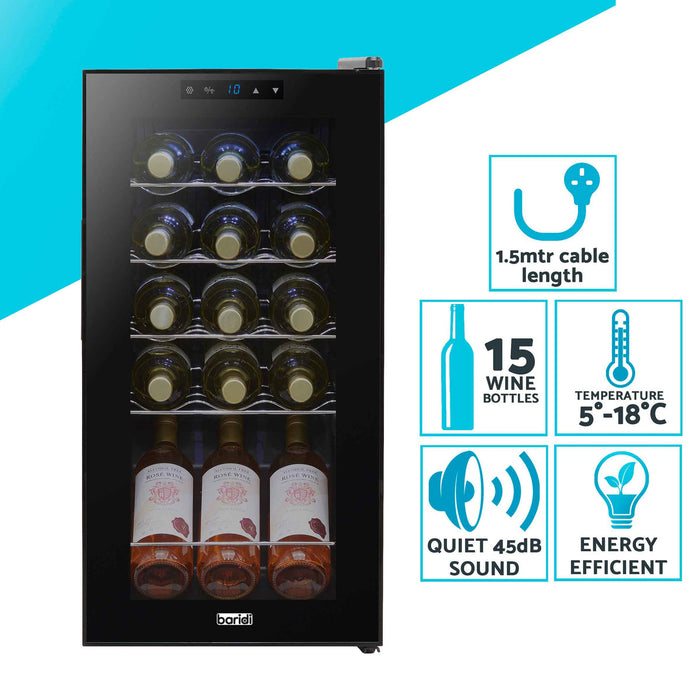 Baridi 15 Bottle Wine Fridge with Touch Controls & LED Light, Black - DH5