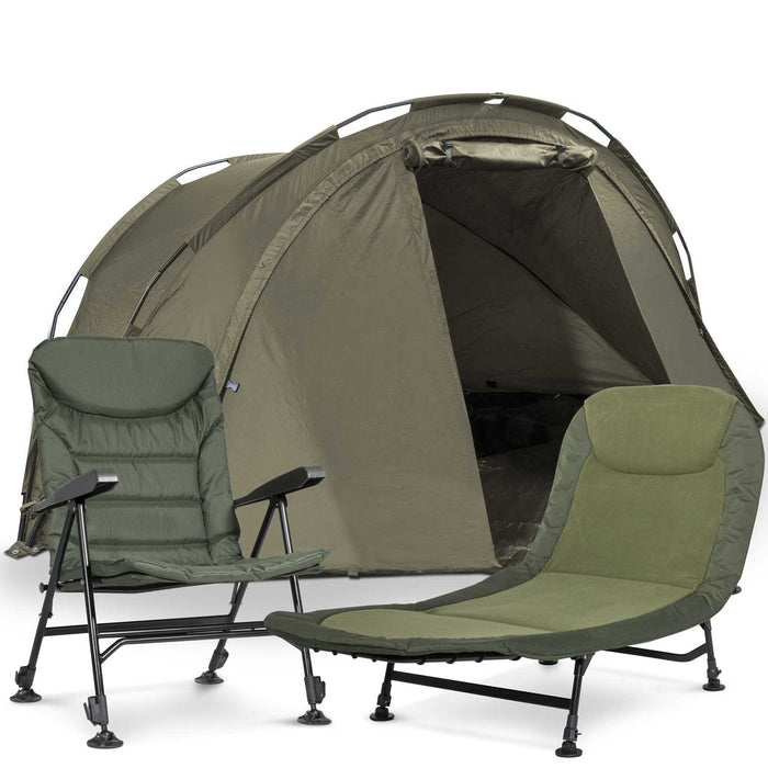 2-Man Fishing Bivvy, Lightweight, Waterproof & UV Protection with Camping Chair & Adjustable Bedchair - DL143