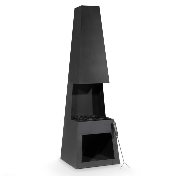 Through Access Pyramid Chiminea, Fireplace, Heater With Firewood Storage, W45 X H150cm - Black Steel - DG107