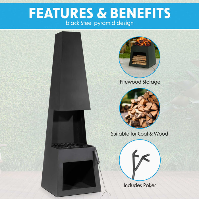 Through Access Pyramid Chiminea, Fireplace, Heater With Firewood Storage, W45 X H150cm - Black Steel - DG107