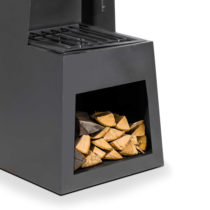 Through Access Pyramid Chiminea, Fireplace, Heater With Firewood Storage, W45 X H150cm - Black Steel - DG107