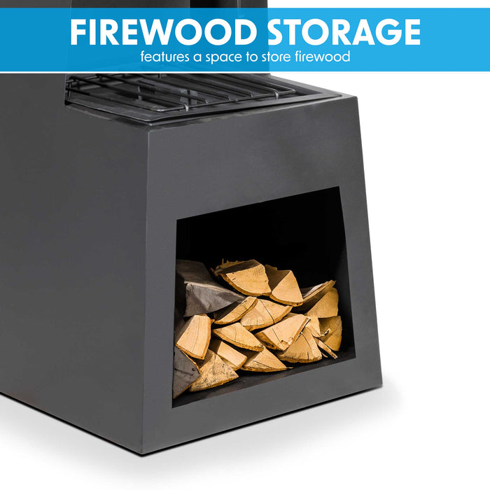 Through Access Pyramid Chiminea, Fireplace, Heater With Firewood Storage, W45 X H150cm - Black Steel - DG107