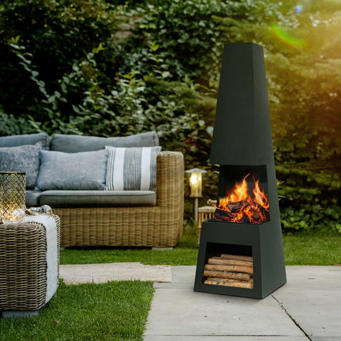 Through Access Pyramid Chiminea, Fireplace, Heater With Firewood Storage, W45 X H150cm - Black Steel - DG107