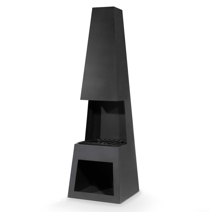 Through Access Pyramid Chiminea, Fireplace, Heater With Firewood Storage, W45 X H150cm - Black Steel - DG107