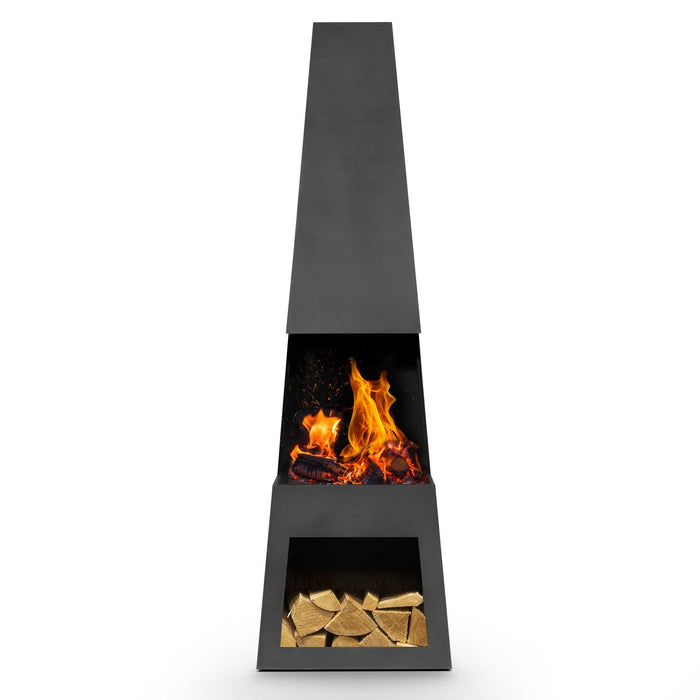 Through Access Pyramid Chiminea, Fireplace, Heater With Firewood Storage, W45 X H150cm - Black Steel - DG107