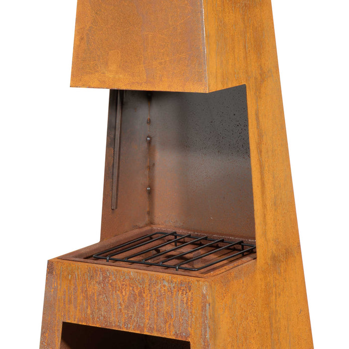 Through Access Pyramid Chiminea, Fireplace, Heater With Firewood Storage, W45 X H150cm - Corten Steel - DG108