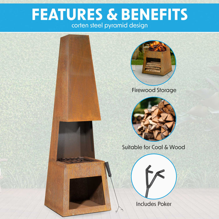 Through Access Pyramid Chiminea, Fireplace, Heater With Firewood Storage, W45 X H150cm - Corten Steel - DG108