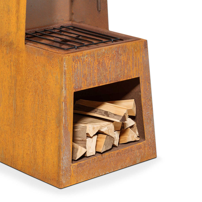 Through Access Pyramid Chiminea, Fireplace, Heater With Firewood Storage, W45 X H150cm - Corten Steel - DG108