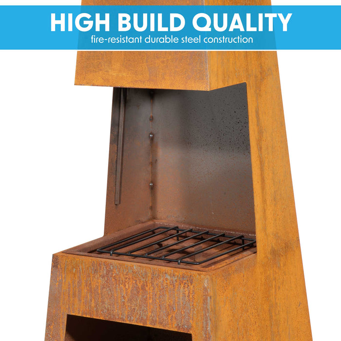 Through Access Pyramid Chiminea, Fireplace, Heater With Firewood Storage, W45 X H150cm - Corten Steel - DG108