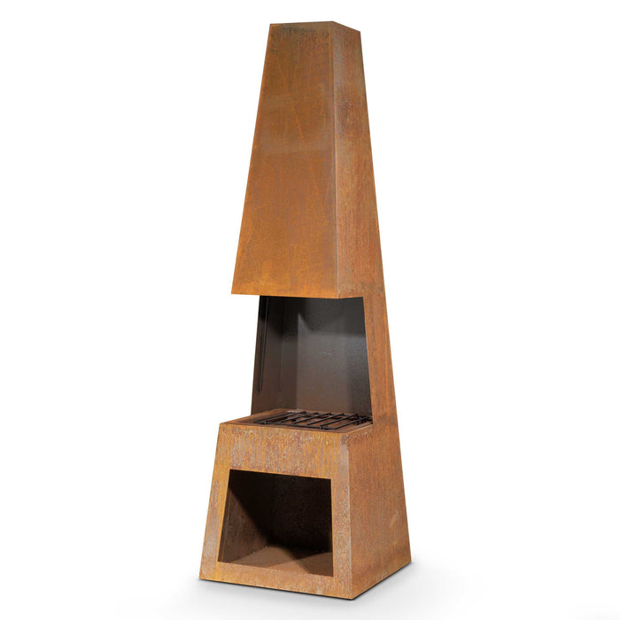 Through Access Pyramid Chiminea, Fireplace, Heater With Firewood Storage, W45 X H150cm - Corten Steel - DG108