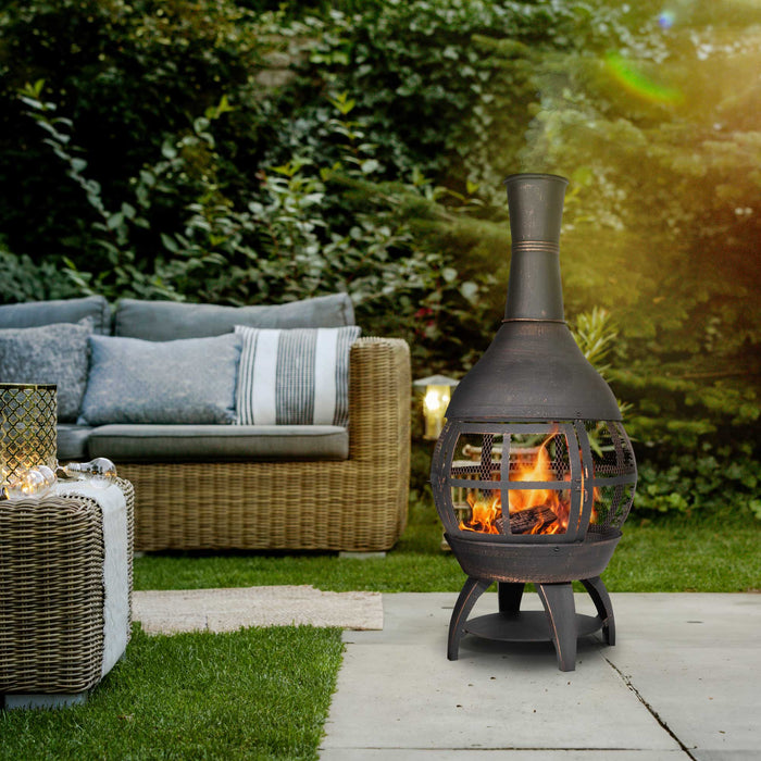 Deluxe 360° Chiminea/Fire Pit/Outdoor Heater Inc Fire Poker & Cover - Antique Bronze Finish - DG241
