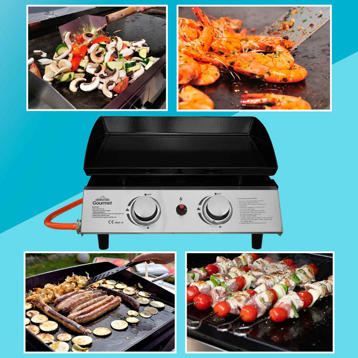 2 Burner Portable Gas Plancha 5kW BBQ Griddle, Includes PVC Cover, Stainless Steel - DG232
