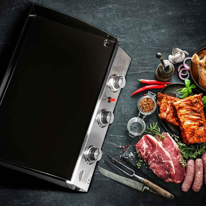 3 Burner Portable Gas Plancha 7.5kW BBQ Griddle Stainless Steel With Cover & Trolley - DG250