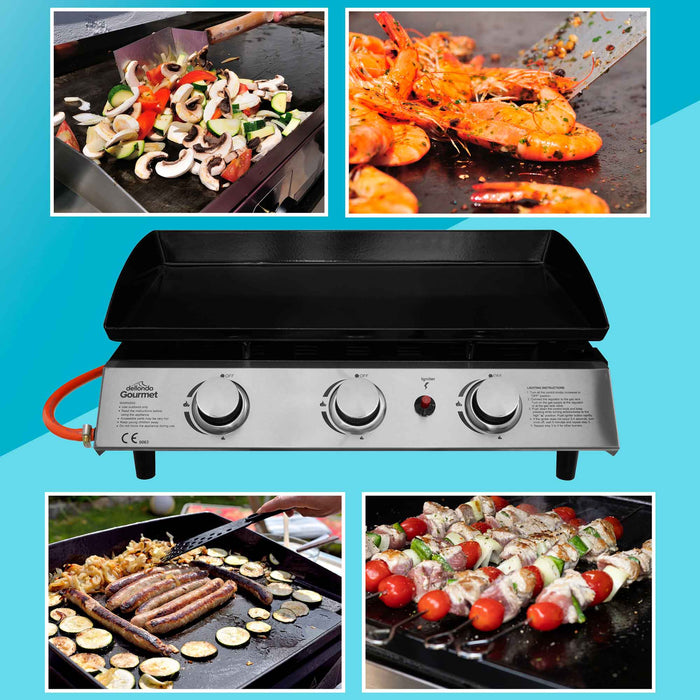 3 Burner Portable Gas Plancha 7.5kW BBQ Griddle Stainless Steel With Cover & Trolley - DG250