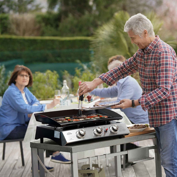 3 Burner Portable Gas Plancha 7.5kW BBQ Griddle Stainless Steel With Cover & Trolley - DG250