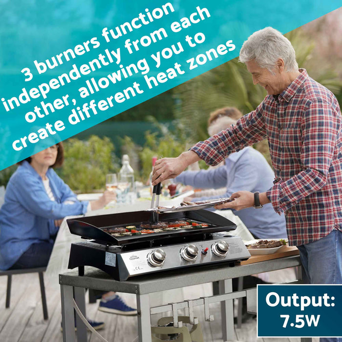 3 Burner Portable Gas Plancha 7.5kW BBQ Griddle, Supplied With PVC Cover, Stainless Steel - DG233