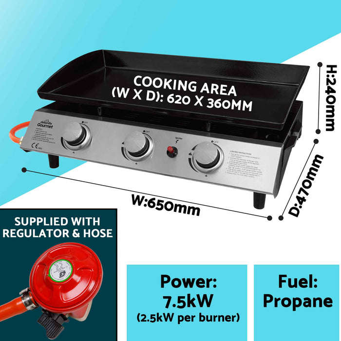 3 Burner Portable Gas Plancha 7.5kW BBQ Griddle, Stainless Steel - DG22