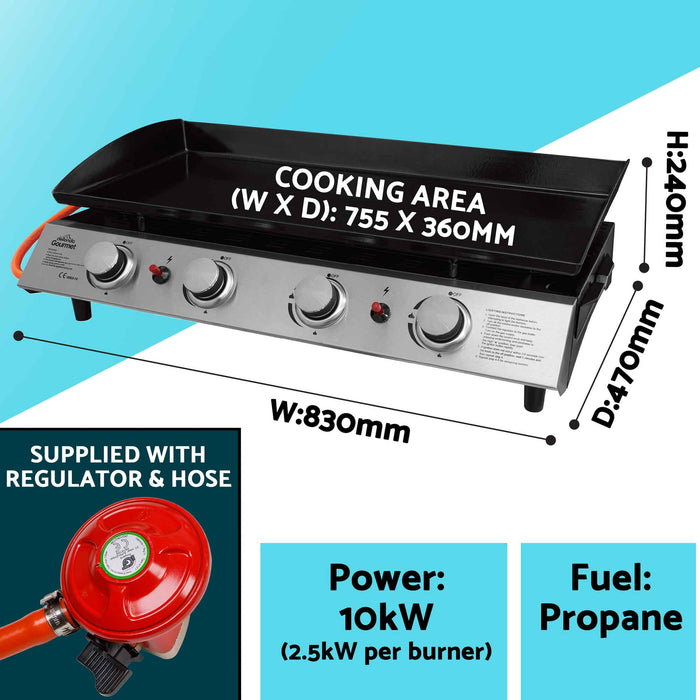4 Burner Portable Gas Plancha 10kW BBQ Griddle Stainless Steel With Cover & Trolley - DG251