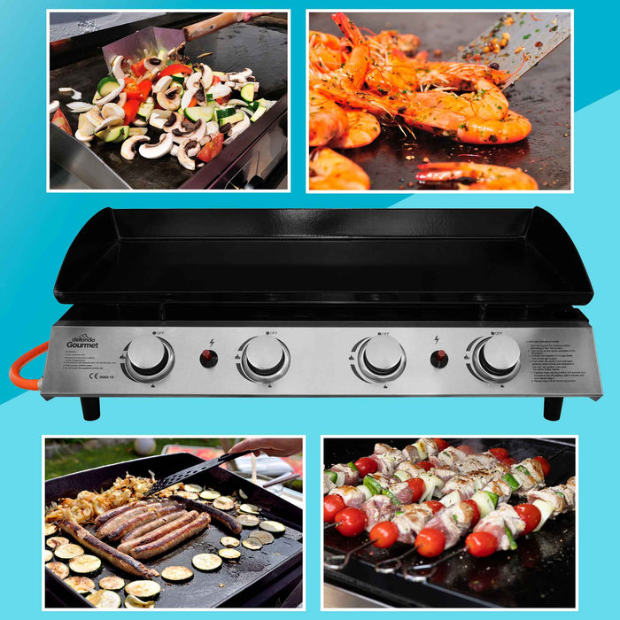 4 Burner Portable Gas Plancha 10kW BBQ Griddle, Supplied With PVC Cover, Stainless Steel - DG234