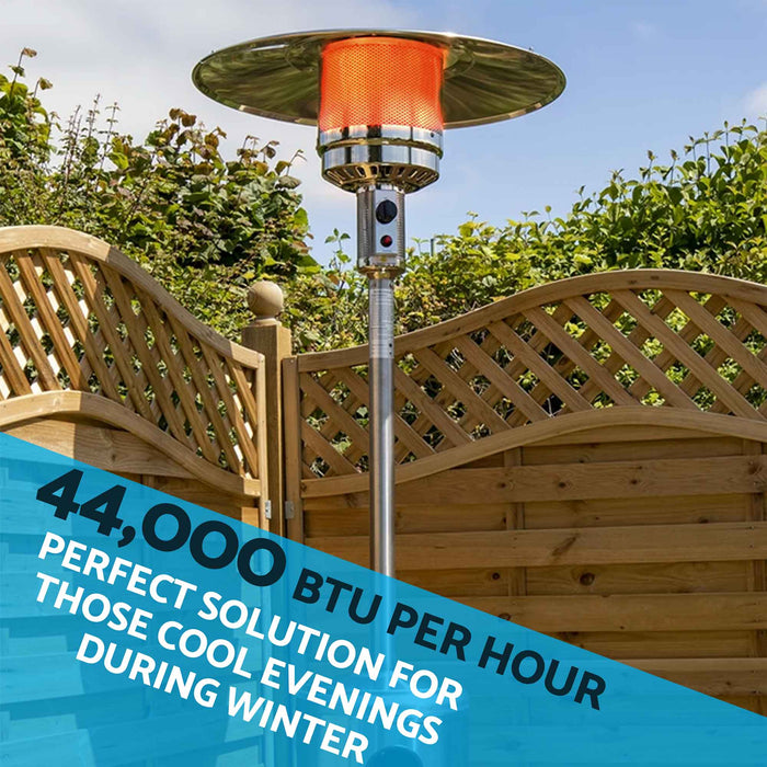 Freestanding Gas Patio Heater 13kW With Wheels & Cover, Commercial & Domestic Use, Stainless Steel - DG221