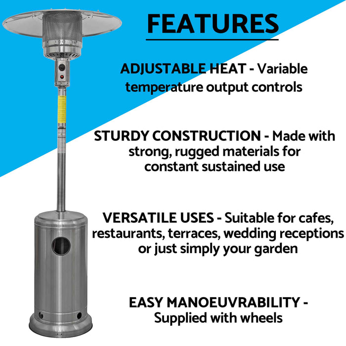 Freestanding Gas Patio Heater 13kW With Wheels & Cover, Commercial & Domestic Use, Stainless Steel - DG221