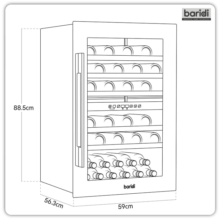 Baridi 60cm Built-In 57 Bottle Dual Zone Wine Cooler with Beech Wood Shelves - Black - DH118