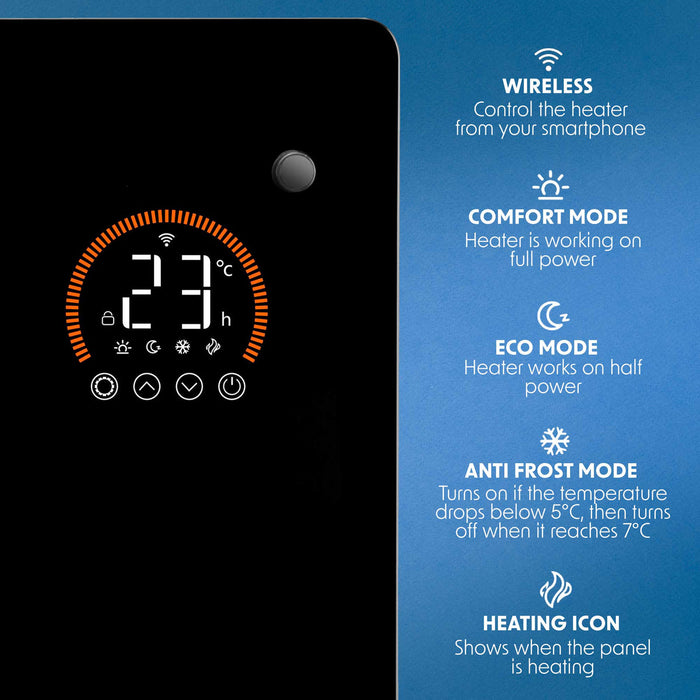 Baridi Electric Glass Panel Heater, 1000W, 24/7 Timer, Wi-Fi Enabled, Remote Control, Black - DH135