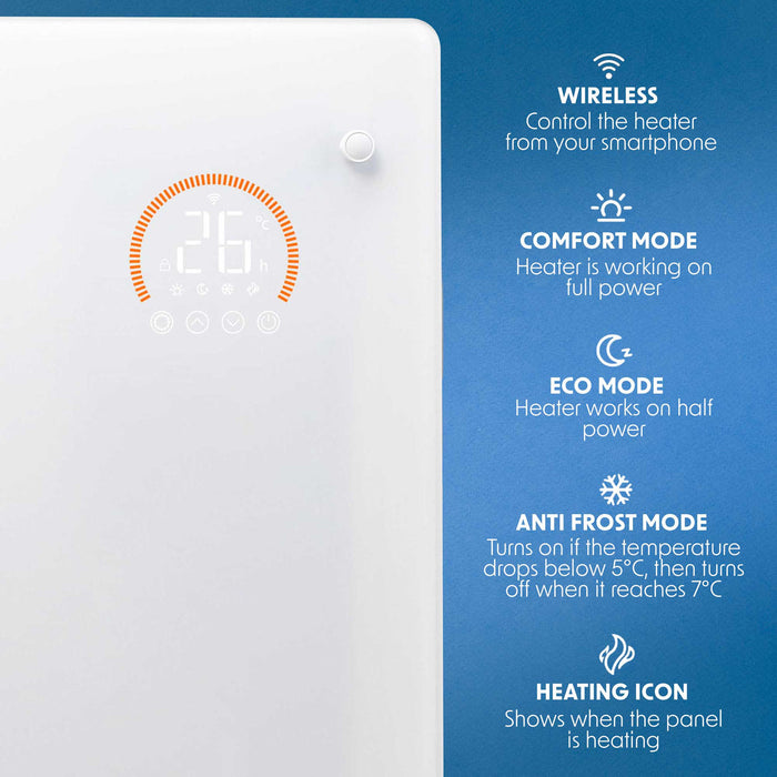 Baridi Electric Glass Panel Heater, 1000W, 24/7 Timer, Wi-Fi Enabled, Remote Control, White - DH136