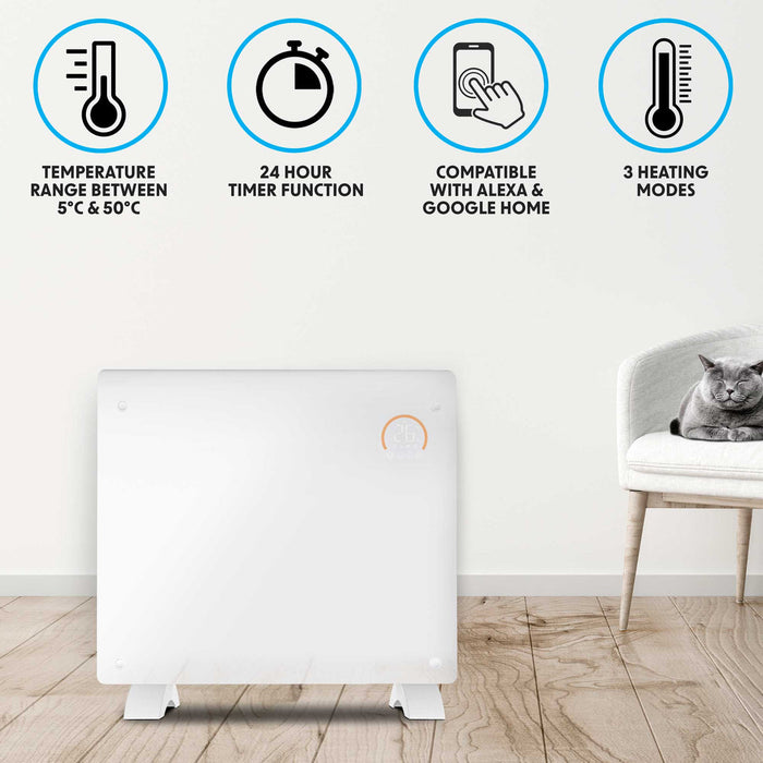Baridi Electric Glass Panel Heater, 1000W, 24/7 Timer, Wi-Fi Enabled, Remote Control, White - DH136