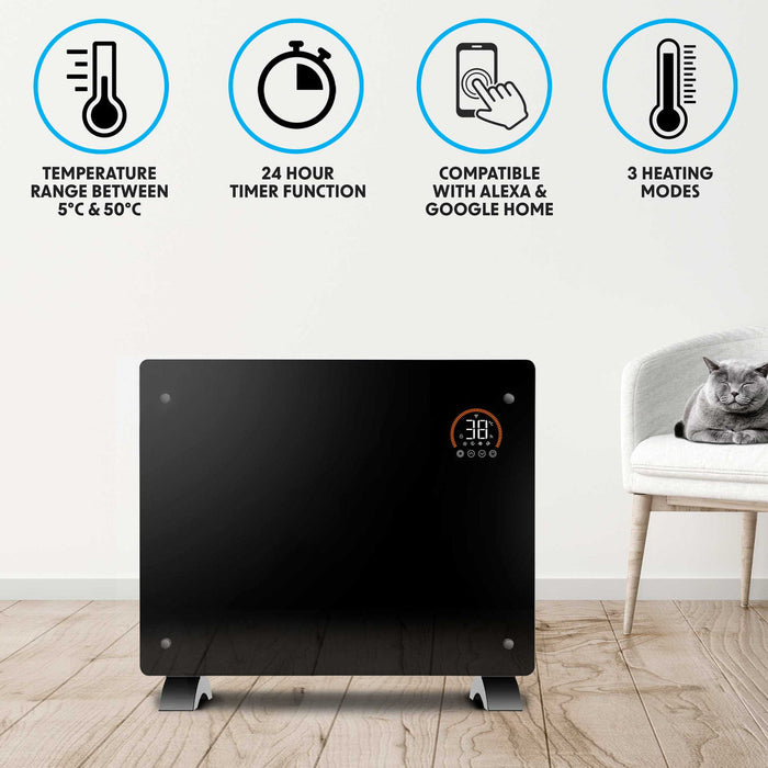 Baridi Electric Glass Panel Heater, 1500W, 24/7 Timer, Wi-Fi Enabled, Remote Control, Black - DH137