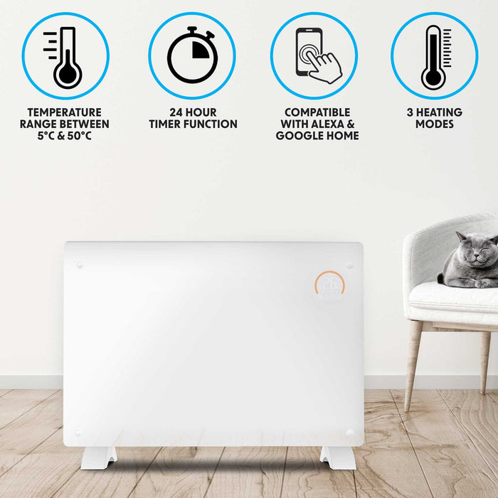 Baridi Electric Glass Panel Heater, 2000W, 24/7 Timer, Wi-Fi Enabled, Remote Control, White - DH140