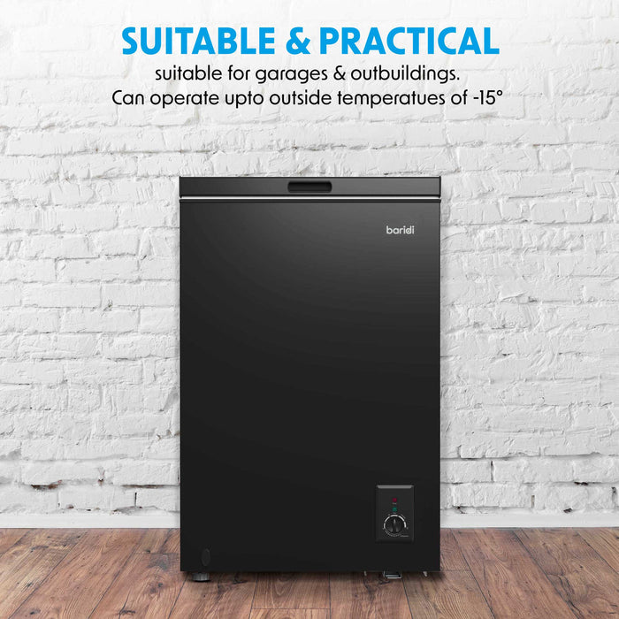 Baridi Freestanding Chest Freezer, 99L, Garage and Outbuilding Safe, Adj. Thermostat, Black - DH153