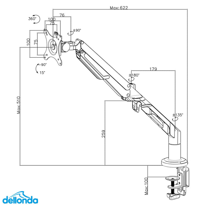 Single Monitor Arm, Adjustable & Rotating 12kg Load Capacity, 17-36" Screens - White - DH26