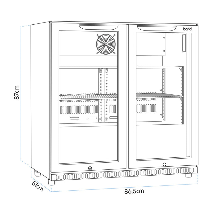 Baridi Back Bar Drinks Fridge with Hinged Double Door, 190L Capacity - DH272