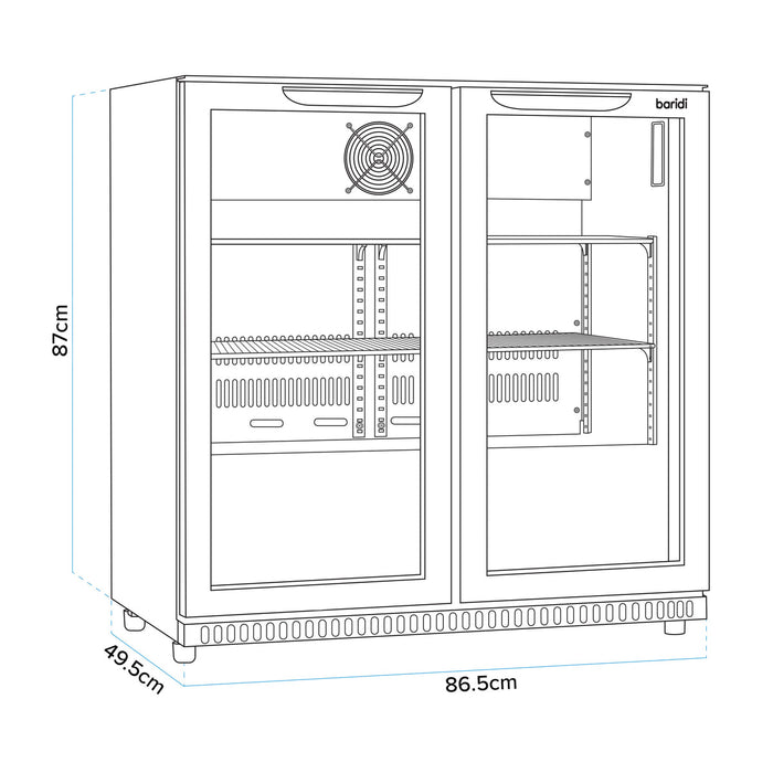 Baridi Back Bar Drinks Fridge/Cooler with Double Sliding Doors, 190L Capacity, Black - DH273