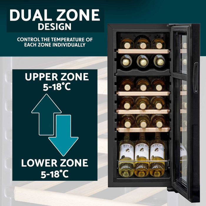 Baridi 18 Bottle Dual Zone Wine Cooler, Fridge, Touch Screen Controls, Wooden Shelves, LED - DH89