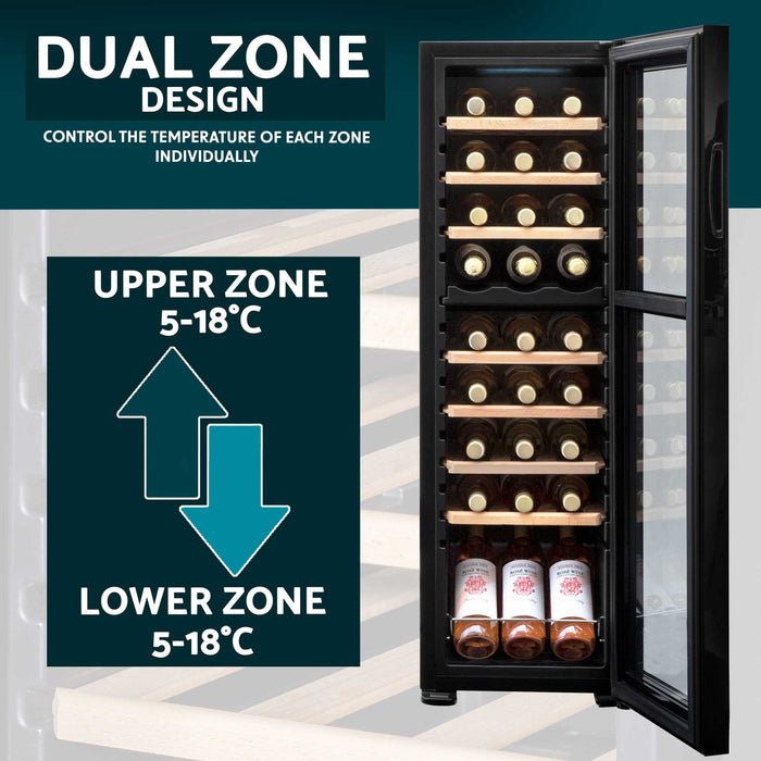 Baridi 27 Bottle Dual Zone Wine Cooler, Fridge, Touch Screen Controls, Wooden Shelves, LED - DH90