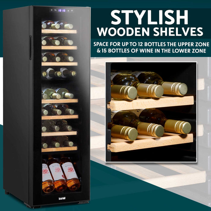 Baridi 27 Bottle Dual Zone Wine Cooler, Fridge, Touch Screen Controls, Wooden Shelves, LED - DH90
